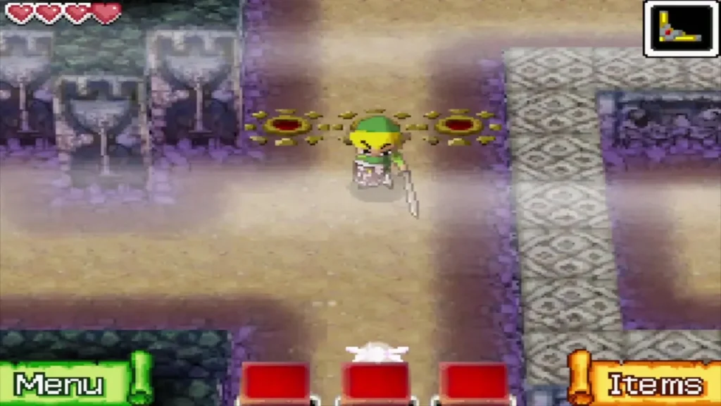 Link walking past a row of raised red crystal blocks on the second floor Link walking past a row of raised red crystal blocks on the second floor