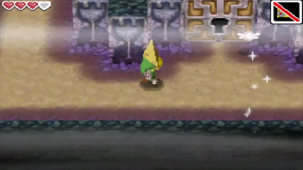 Link carrying the Force Gem past a sealed door toward the pedestal room Link carrying the Force Gem past a sealed door toward the pedestal room