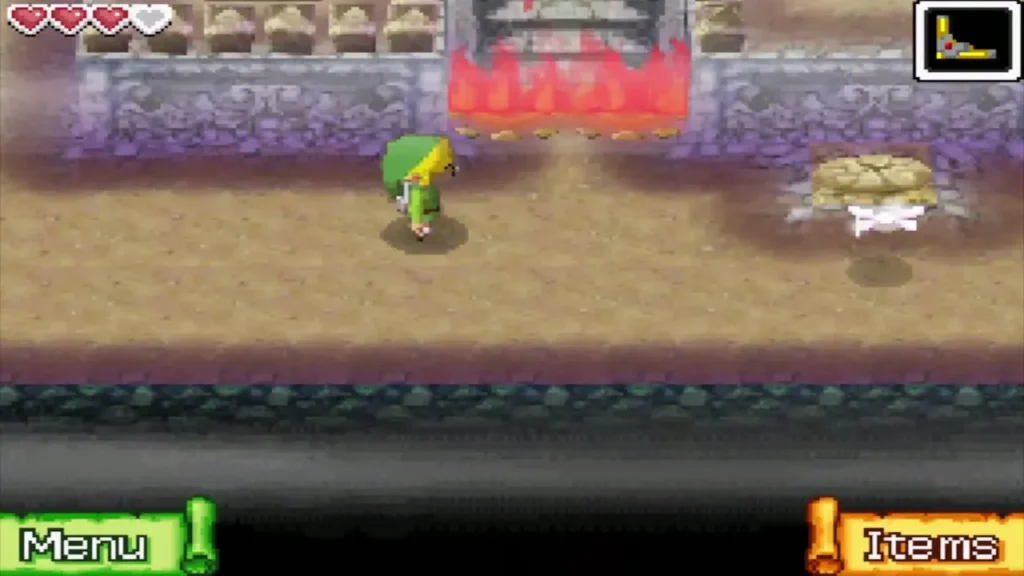 Link in front of a red wall of flames on B3 Link in front of a red wall of flames on B3