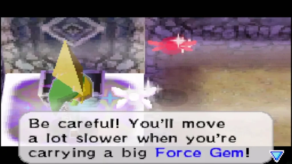 Link lifting the Force Gem as Navi warns he moves slower while carrying it Link lifting the Force Gem as Navi warns he moves slower while carrying it