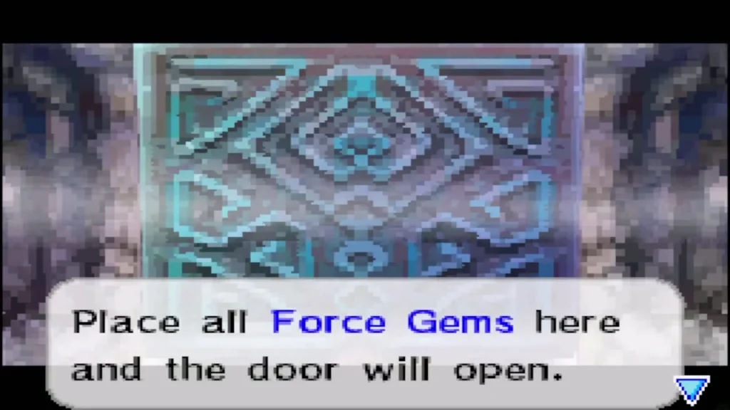 The sealed door with the message to place all Force Gems here The sealed door with the message to place all Force Gems here
