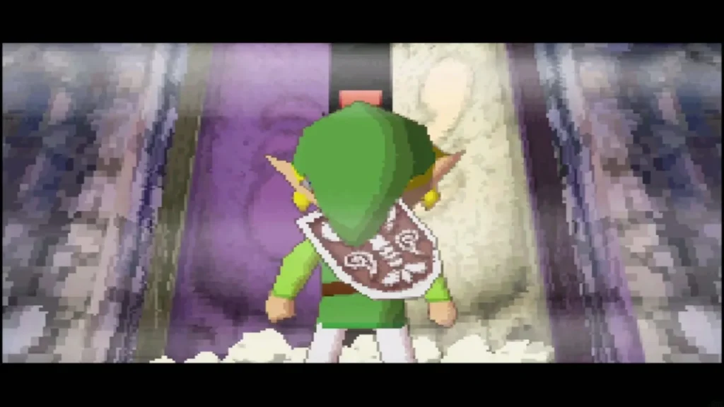 Link standing before the Door of Power as it opens in a cloud of dust Link standing before the Door of Power as it opens in a cloud of dust