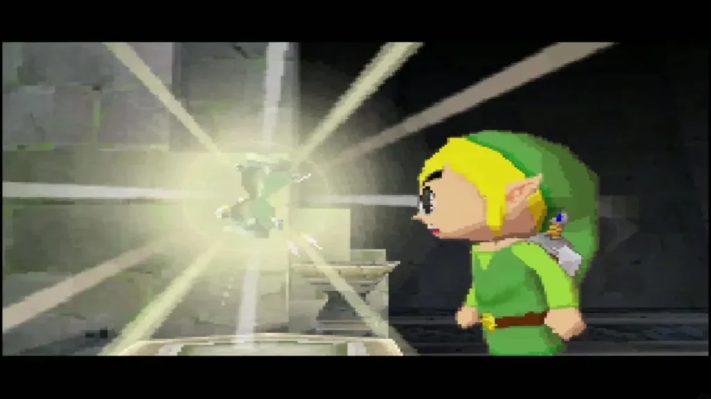 The Phantom Hourglass glows above the altar as Link stares up at it The Phantom Hourglass glows above the altar as Link stares up at it
