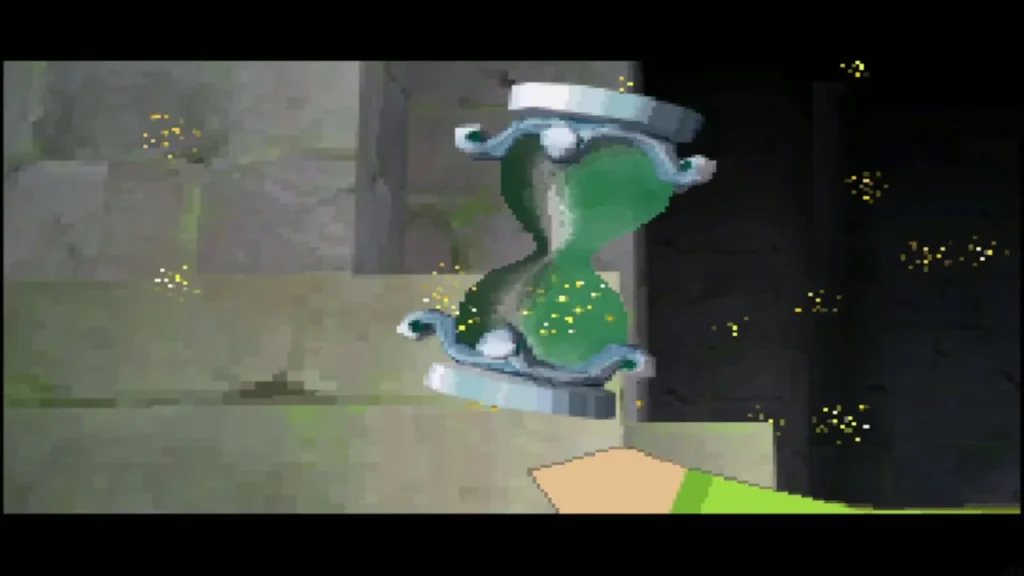 The Phantom Hourglass glowing as Link reaches for it above the altar The Phantom Hourglass glowing as Link reaches for it above the altar