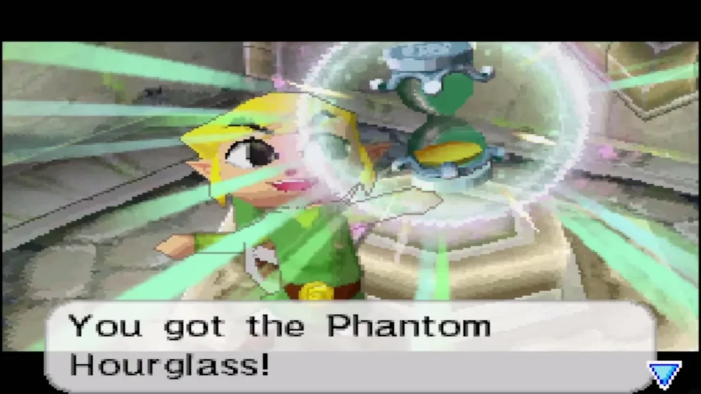 Link holding up the Phantom Hourglass with the item message Link holding up the Phantom Hourglass with the item message