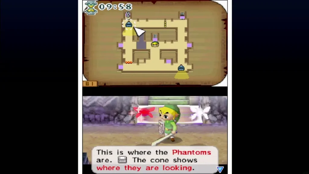 The dungeon map on the top screen showing where the Phantoms are and the cone they are looking The dungeon map on the top screen showing where the Phantoms are and the cone they are looking