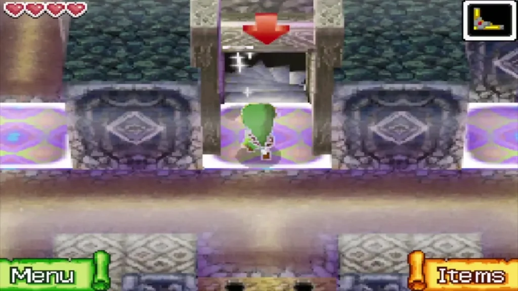 Link at the open doorway with the stairs down to B1 behind a red arrow Link at the open doorway with the stairs down to B1 behind a red arrow