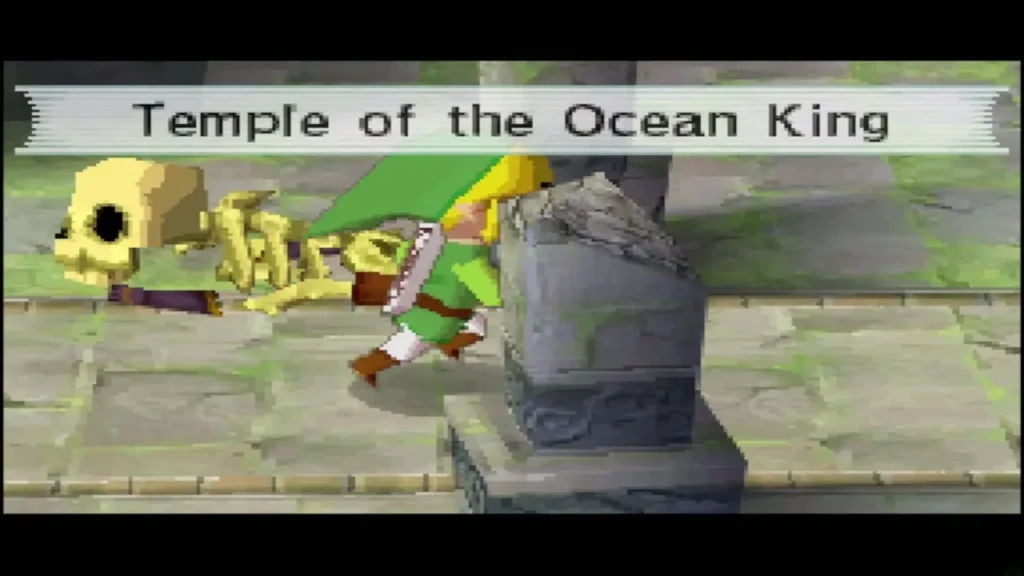 Link running past a skeleton at the gate of the Temple of the Ocean King Link running past a skeleton at the gate of the Temple of the Ocean King
