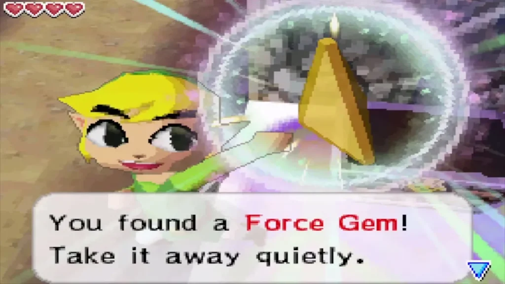 Link holding up a Force Gem with the found-it message Link holding up a Force Gem with the found-it message