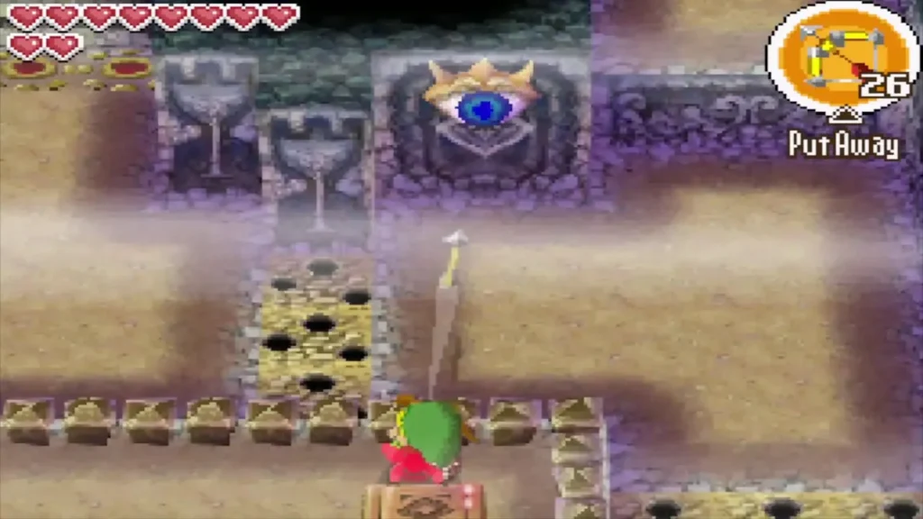 Link shoots an arrow at the eye switch above the spiked path Link shoots an arrow at the eye switch above the spiked path