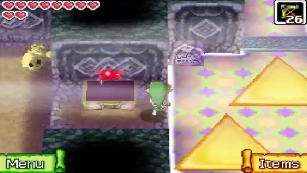 Link beside the purple chest next to the golden pedestals Link beside the purple chest next to the golden pedestals
