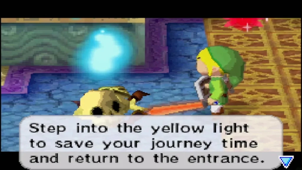 A skull explaining the yellow light with a blue flame beside Link on a blue hourglass floor A skull explaining the yellow light with a blue flame beside Link on a blue hourglass floor