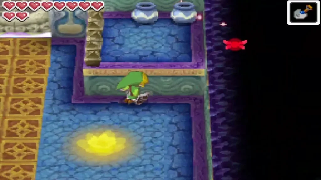 The glowing yellow midway portal on the floor as Link walks past it The glowing yellow midway portal on the floor as Link walks past it