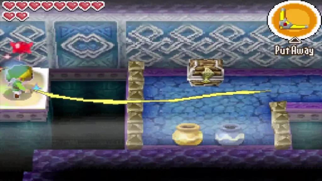 Link throwing the Boomerang across to a chest and pots from a moving platform Link throwing the Boomerang across to a chest and pots from a moving platform