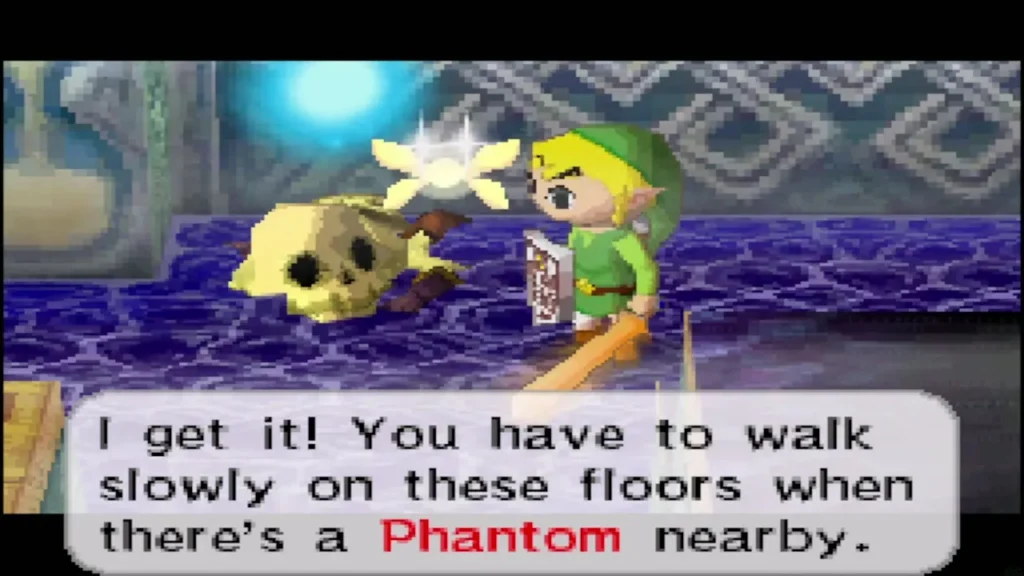 A skull telling Link to walk slowly on the hourglass floors when a Phantom is near A skull telling Link to walk slowly on the hourglass floors when a Phantom is near