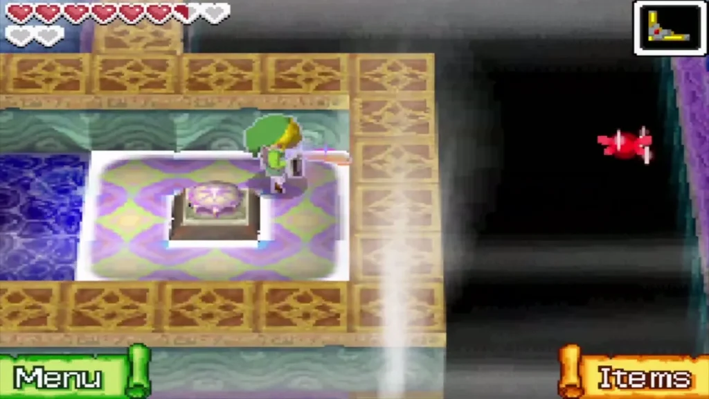 Link beside the pedestal as a wind geyser rises on the right Link beside the pedestal as a wind geyser rises on the right