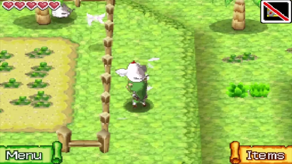 Link carrying a Cucco past the fence on Zauz's Island Link carrying a Cucco past the fence on Zauz's Island