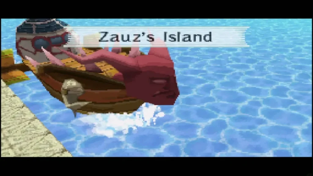 The ship pulls up to the dock with the Zauz's Island banner The ship pulls up to the dock with the Zauz's Island banner