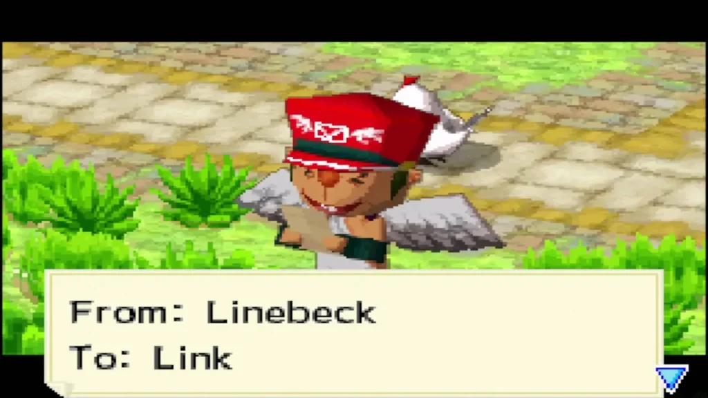 The postman reads a letter addressed from Linebeck to Link The postman reads a letter addressed from Linebeck to Link