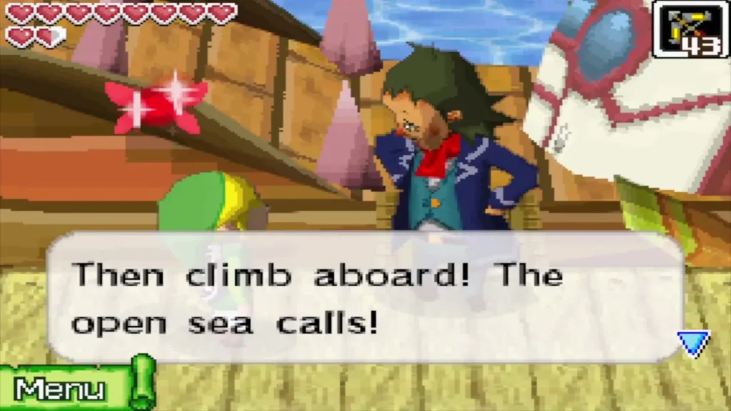 Linebeck urging Link to climb aboard because the open sea calls Linebeck urging Link to climb aboard because the open sea calls