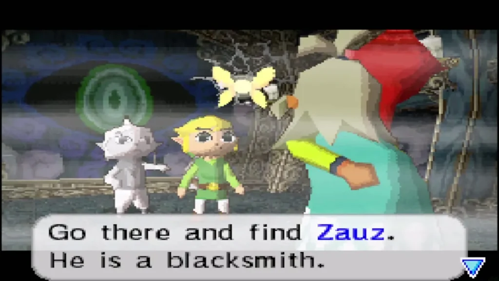 Oshus tells Link and Linebeck to find the blacksmith Zauz Oshus tells Link and Linebeck to find the blacksmith Zauz