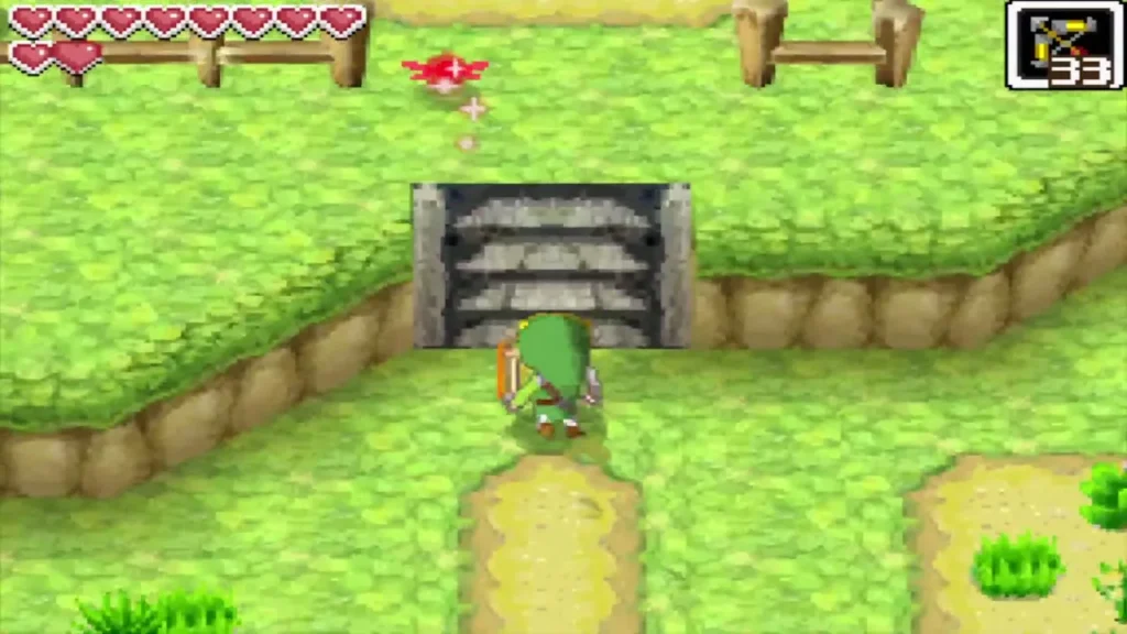 Link heads up the path toward the stairs by a wooden fence Link heads up the path toward the stairs by a wooden fence