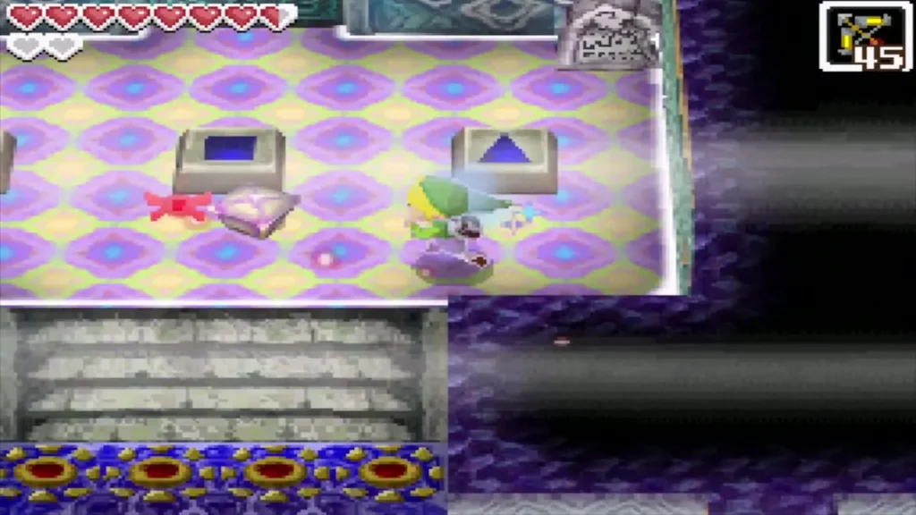 Link placing a crystal beside the three pedestals in the safe room Link placing a crystal beside the three pedestals in the safe room
