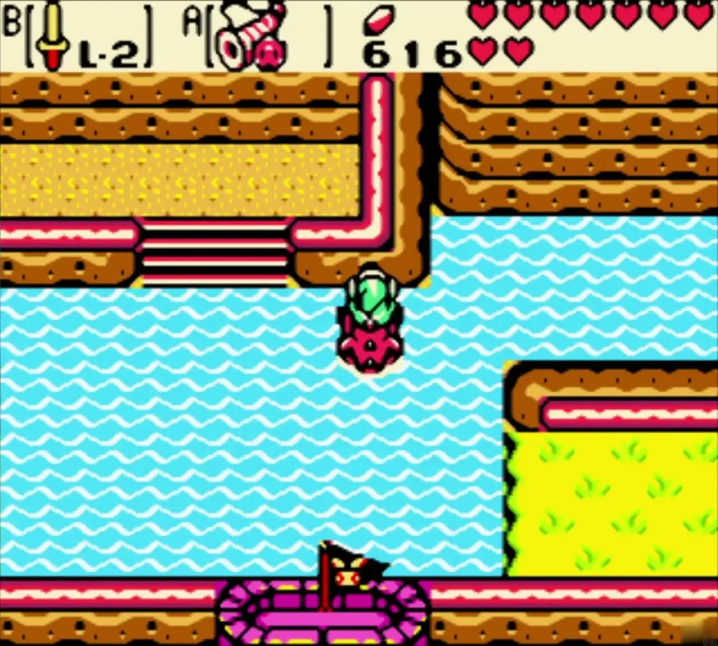 Link riding Dimitri across the river toward a pink-roofed gate Link riding Dimitri across the river toward a pink-roofed gate