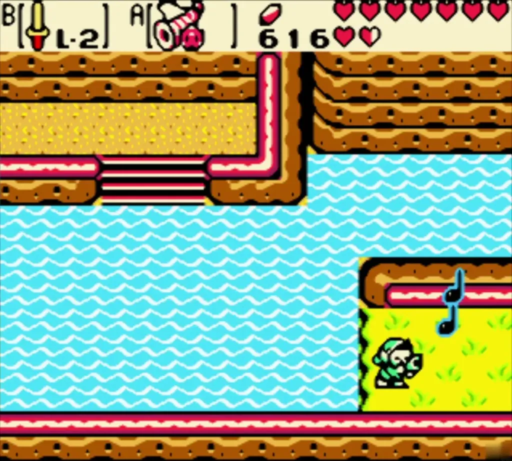 Link playing Dimitri's Flute on the lake shore with a music note Link playing Dimitri's Flute on the lake shore with a music note