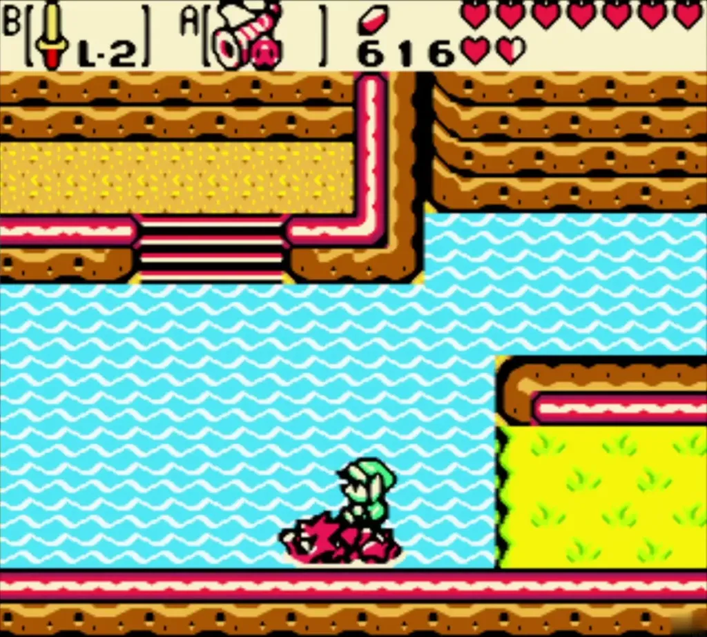 Link riding Dimitri through the water beside the sandy shore Link riding Dimitri through the water beside the sandy shore