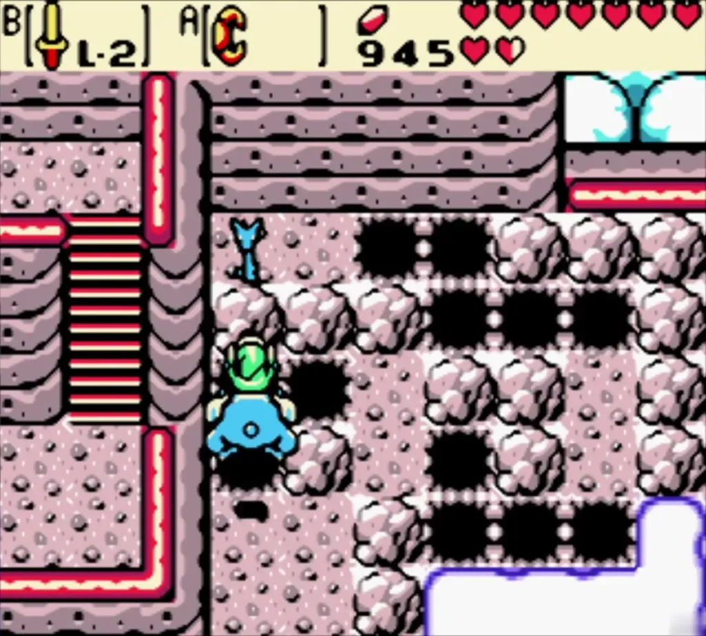 Link riding Moosh over the pits of the snowy pit room in Mt. Cucco Link riding Moosh over the pits of the snowy pit room in Mt. Cucco