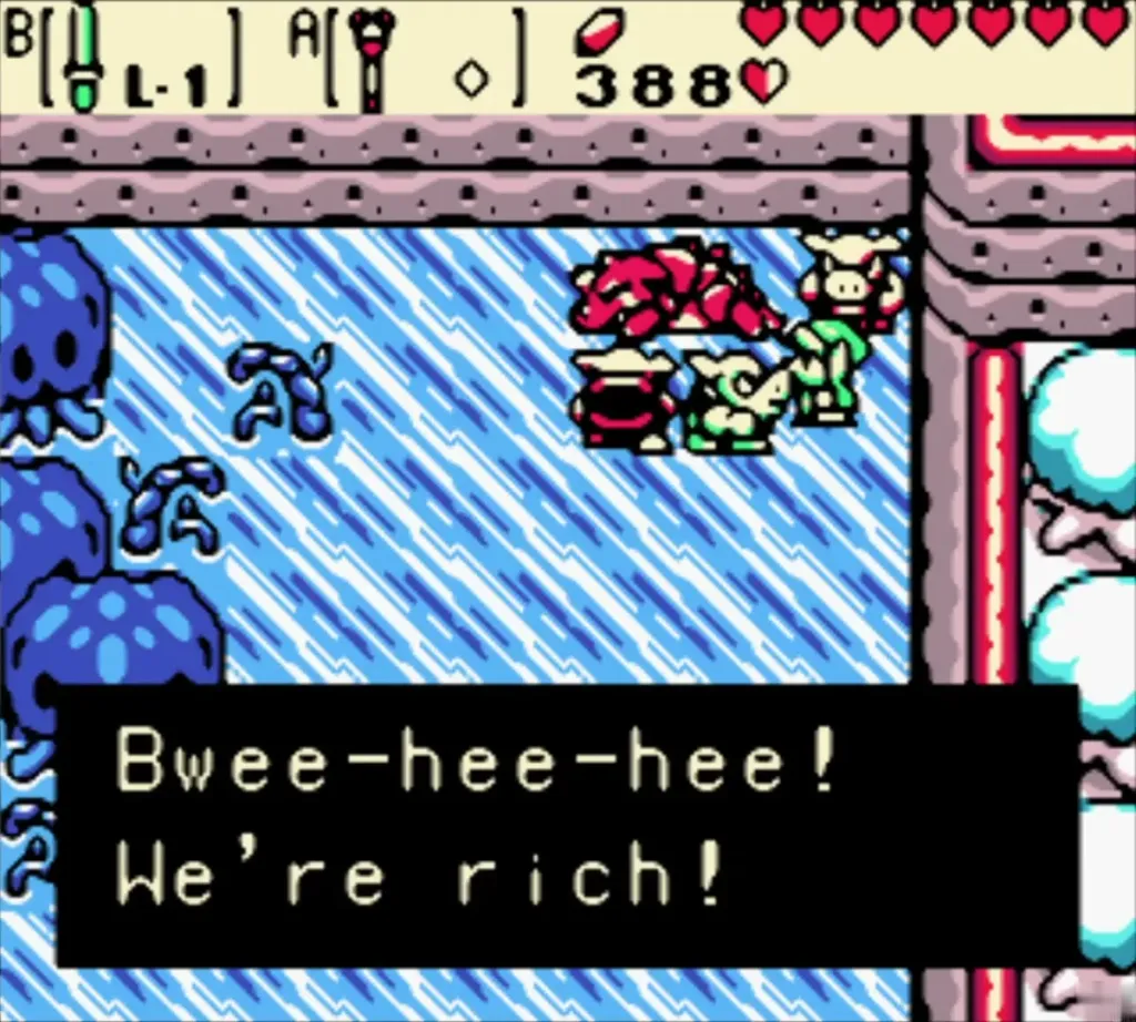 The Pig Moblins celebrating with the line Bwee-hee-hee! We're rich! The Pig Moblins celebrating with the line Bwee-hee-hee! We're rich!