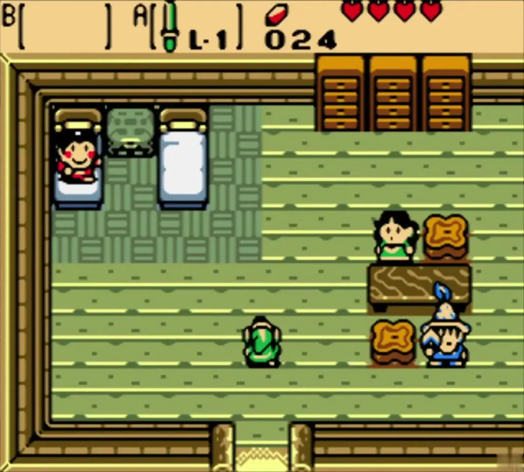Link inside Bipin and Blossom's home in Horon Village, with the family around him