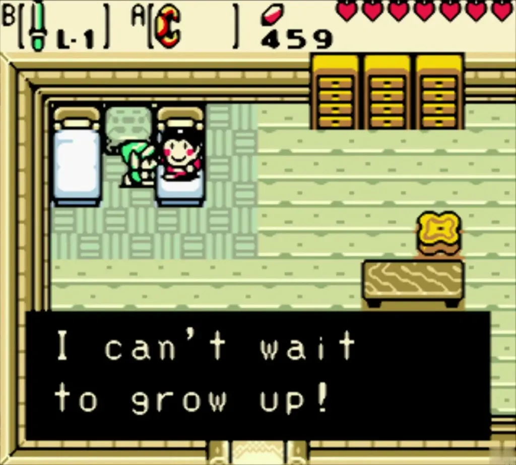 Pip beside his bed telling Link he can't wait to grow up