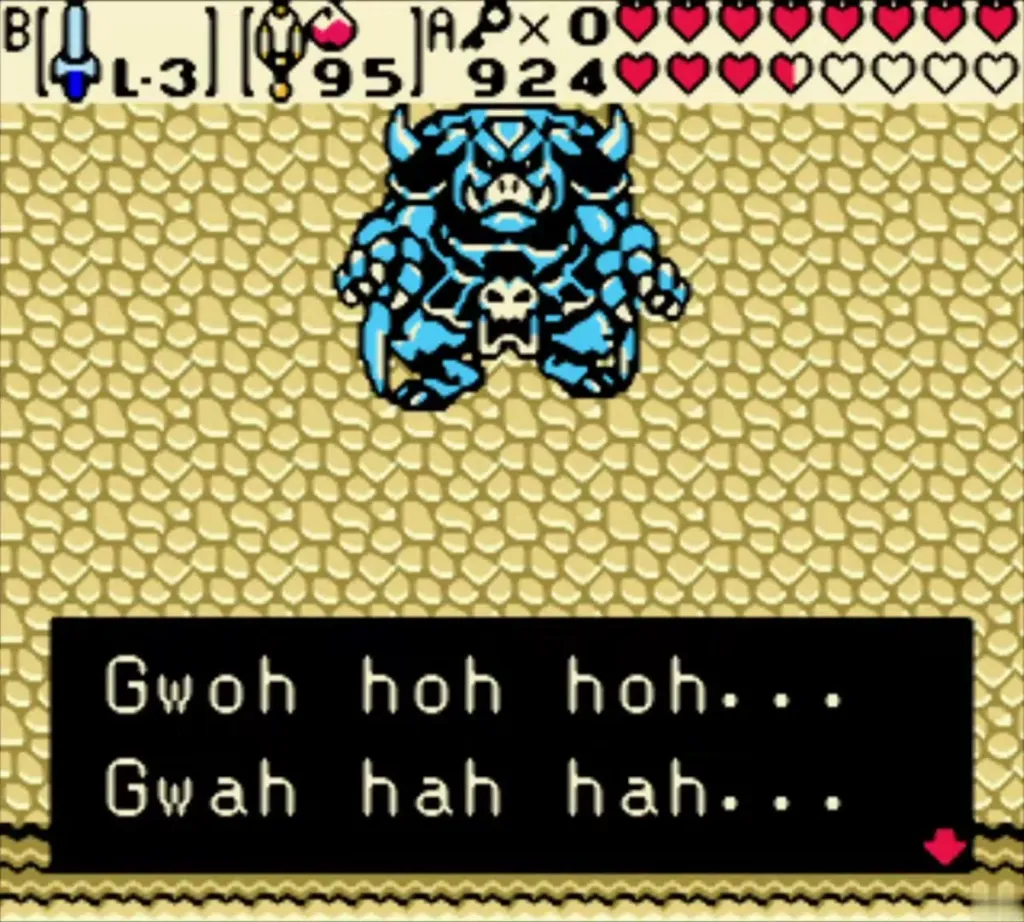 Ganon, the blue boar-like beast, appearing in the sand room with dialogue Ganon, the blue boar-like beast, appearing in the sand room with dialogue