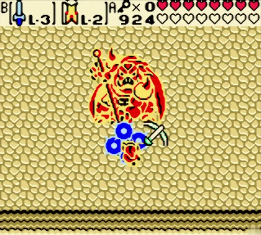 Link swinging his sword at Ganon with blue rings around the boss in the sand room Link swinging his sword at Ganon with blue rings around the boss in the sand room
