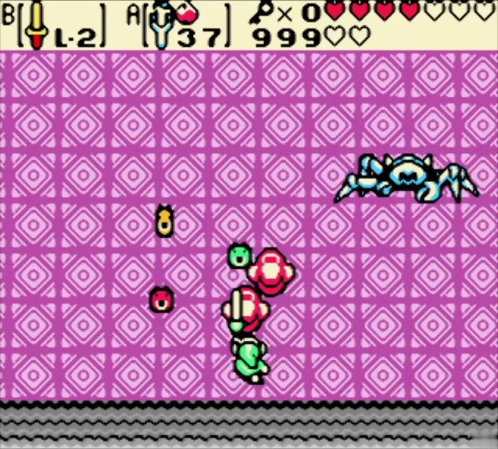 Link with the sword raised against Gohma in the pink diamond boss room of the Dancing Dragon Dungeon Link with the sword raised against Gohma in the pink diamond boss room of the Dancing Dragon Dungeon