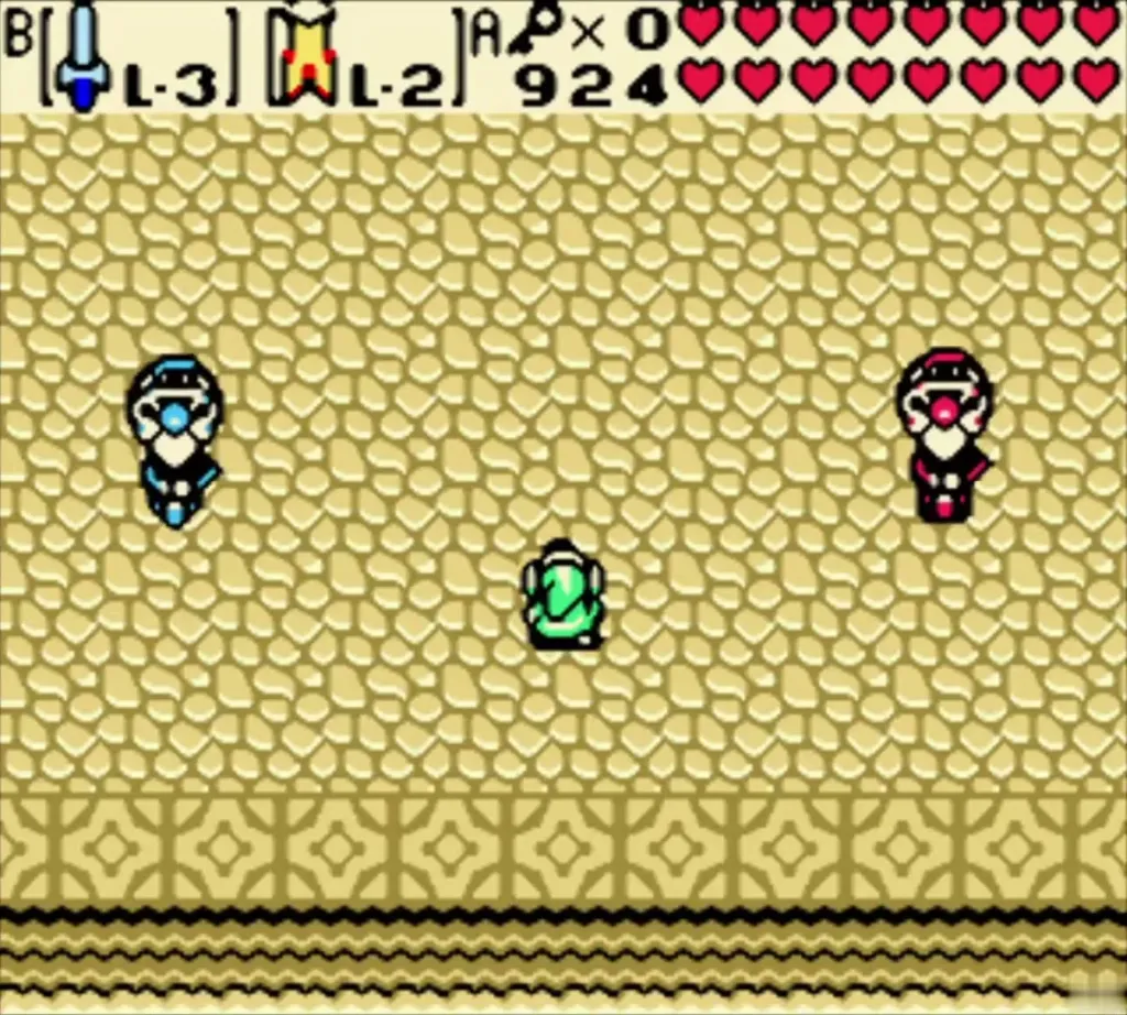 Koume and Kotake, the two witches, standing on the sand floor on either side of Link Koume and Kotake, the two witches, standing on the sand floor on either side of Link