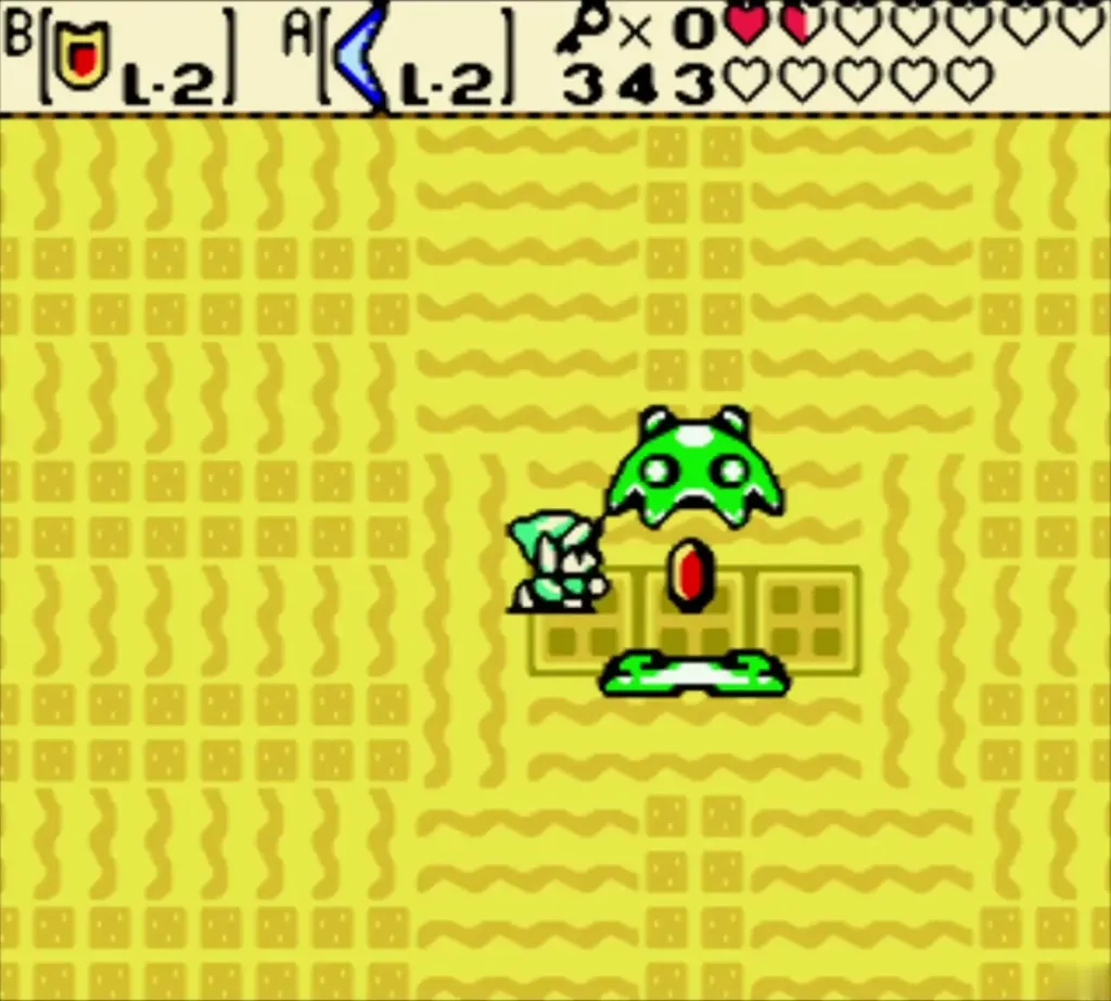 Link beside Manhandla's exposed red core in the Ancient Ruins boss room Link beside Manhandla's exposed red core in the Ancient Ruins boss room