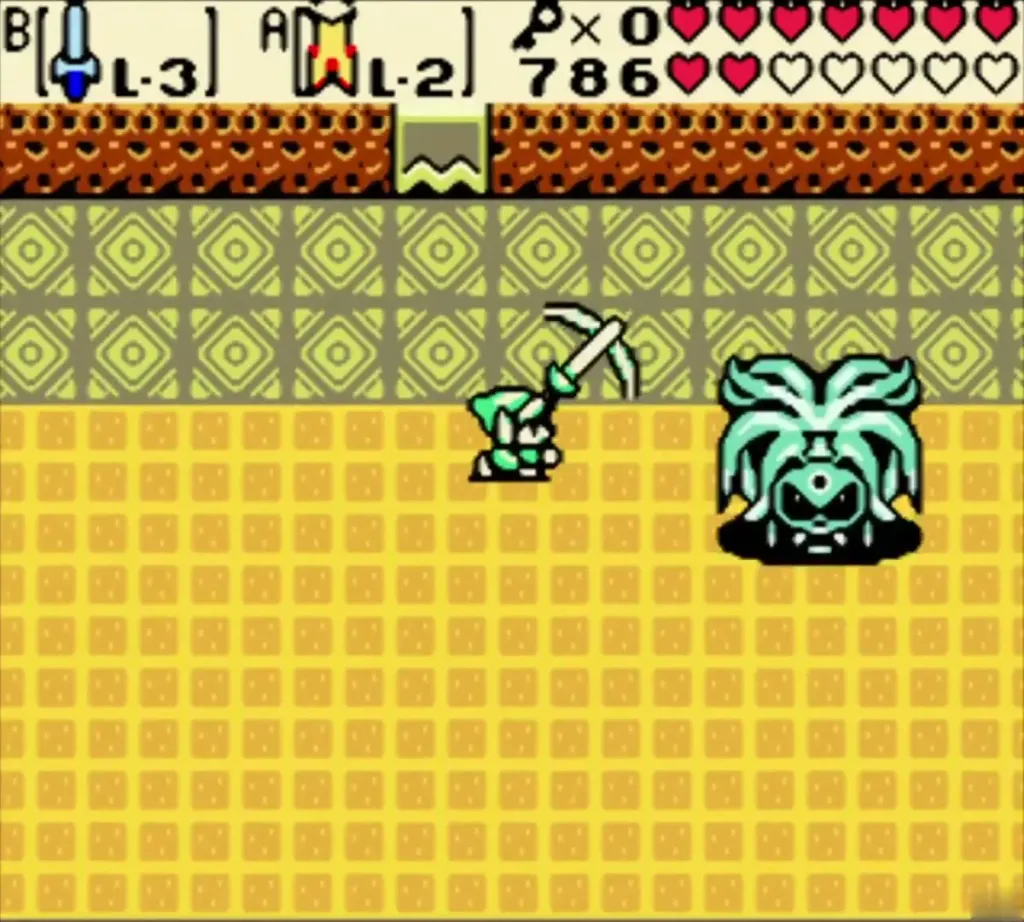 Link swinging his sword at the Medusa-style head boss in the yellow room Link swinging his sword at the Medusa-style head boss in the yellow room