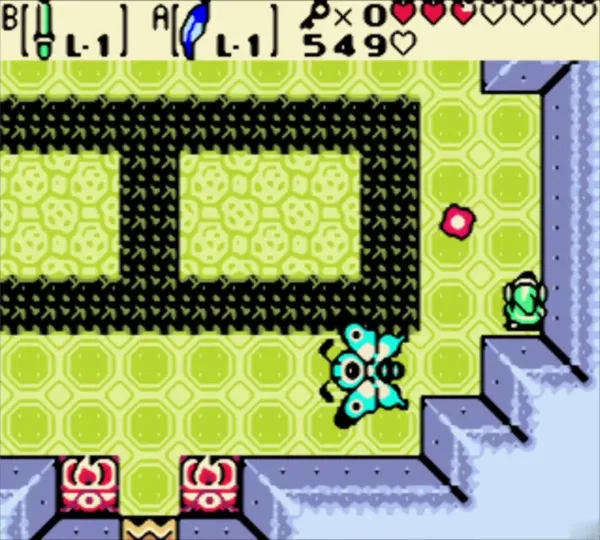 Mothula flying over the grass of its lair while a red projectile flies toward Link Mothula flying over the grass of its lair while a red projectile flies toward Link