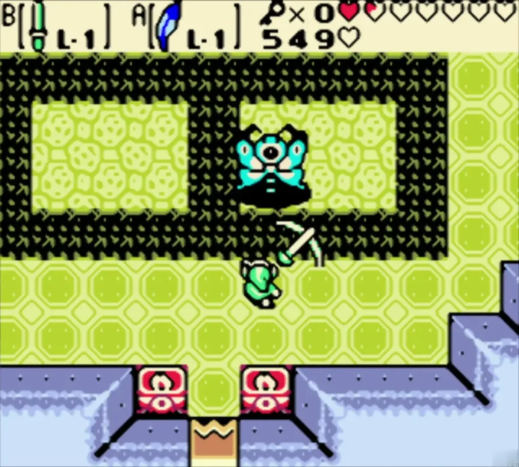 Link striking Mothula with the sword while the moth boss hovers above him Link striking Mothula with the sword while the moth boss hovers above him