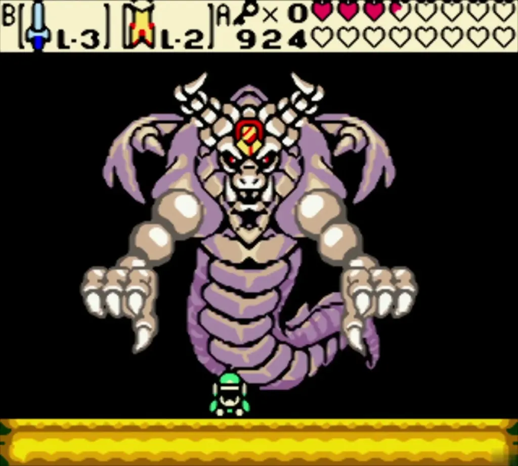 Onox dragon hovering over the arena with Link on the floor below Onox dragon hovering over the arena with Link on the floor below
