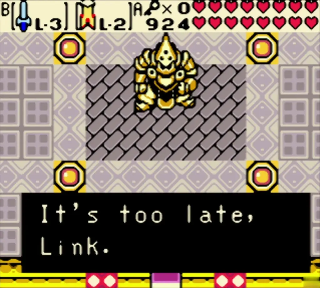 Onox appears in golden armour in his boss room telling Link it is too late