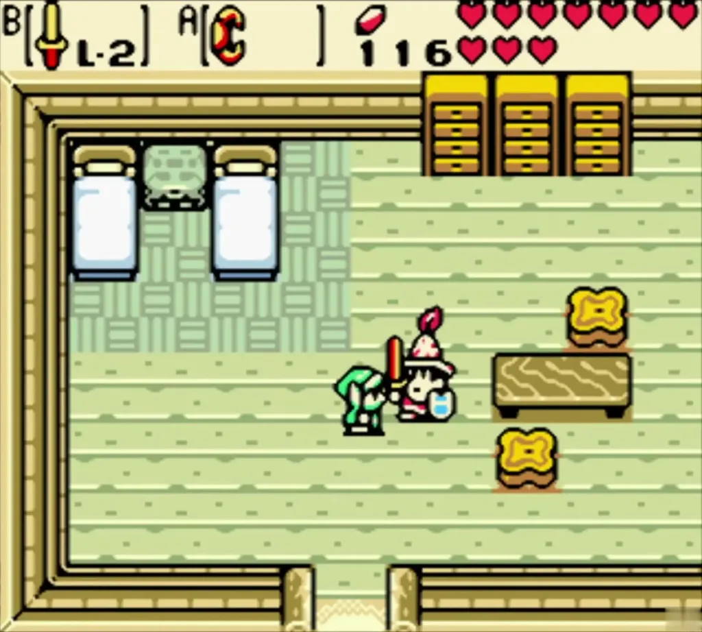 Link in Pip's house talking with Blossom beside the beds