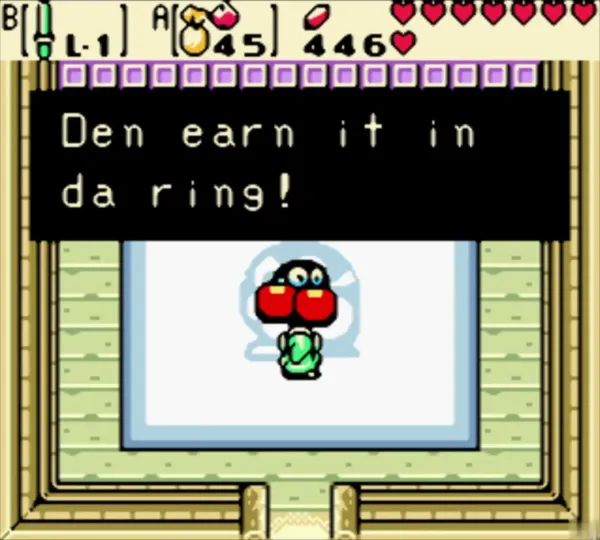 Blaino in his gym challenging Link with the message Den earn it in da ring!