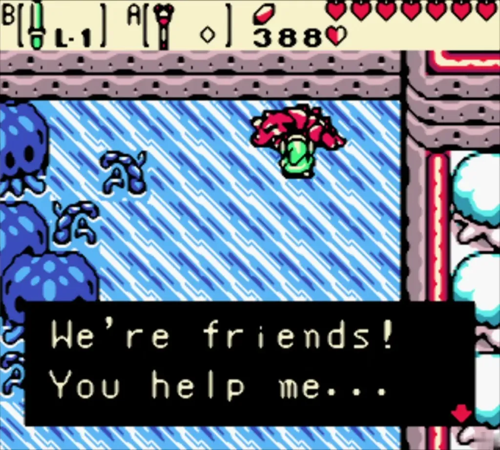 Dimitri in the lake saying We're friends! You help me