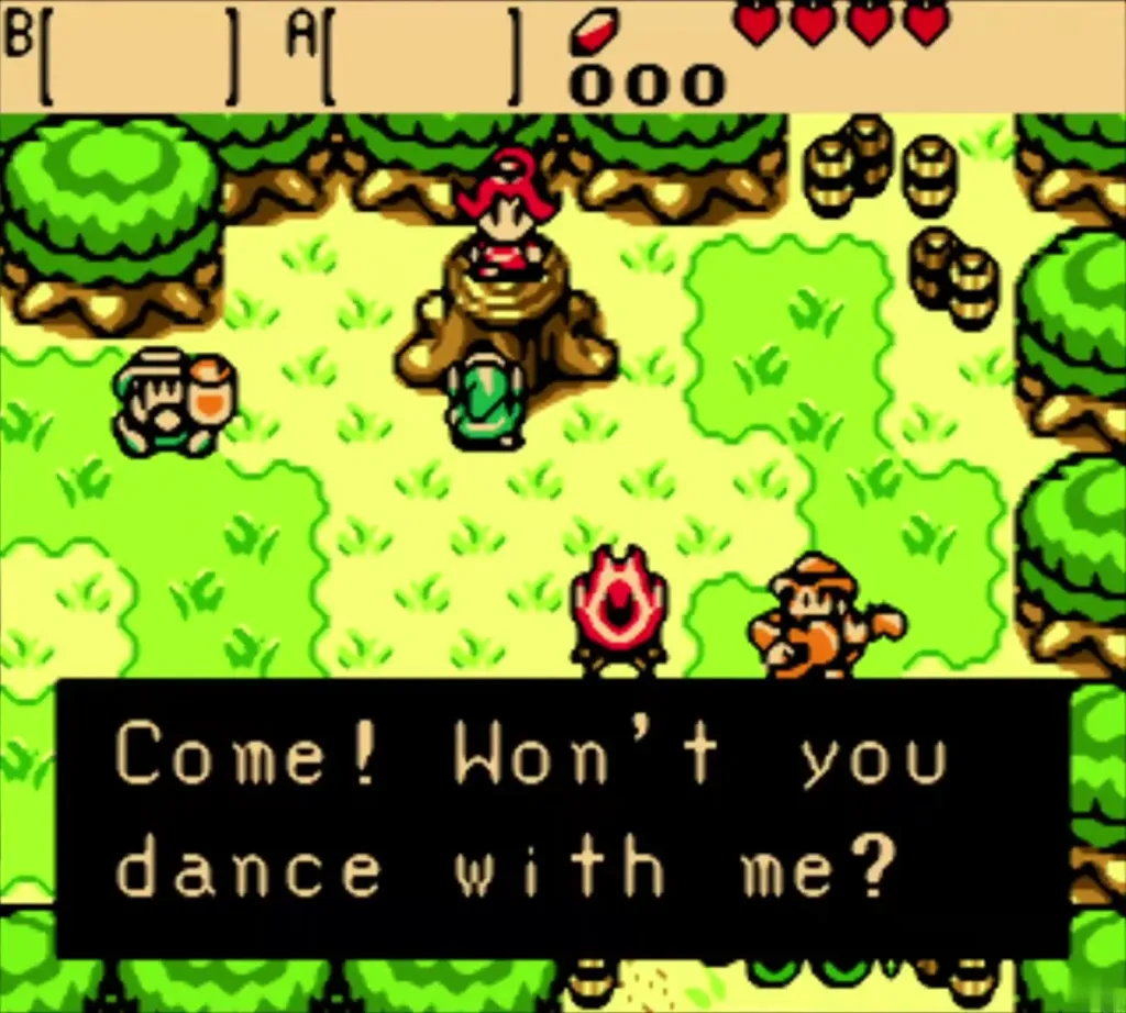 Din in red standing by a stump in the forest asking Link to dance with her