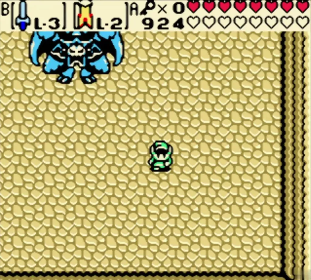 Link facing the blue boar Ganon in the boss room