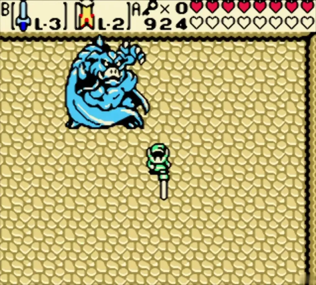 Ganon leaping through the air to strike Link in the yellow-floor room